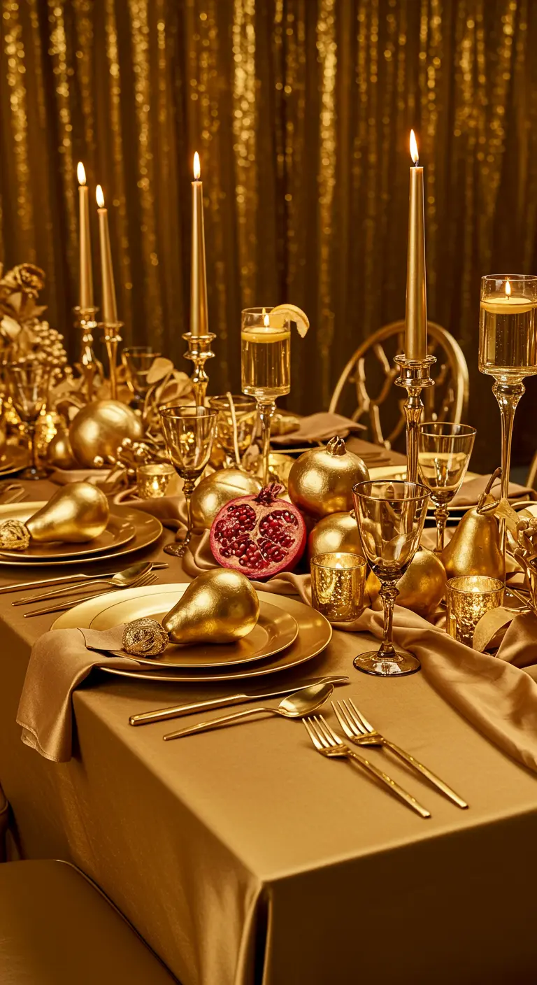 Volledig gouden tafelsetting met goudgeverfd fruit en gouden kandelaars.