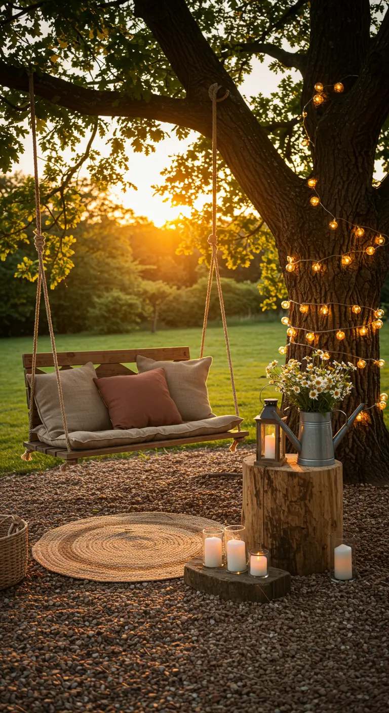 Houten schommelbank onder een boom met lichtjes, met een boomstronk als tafeltje bij zonsondergang.