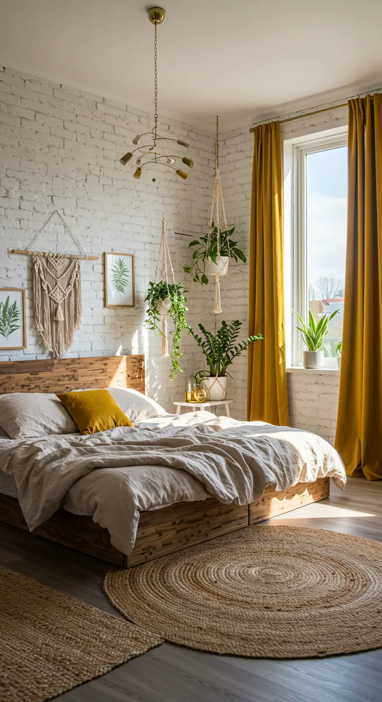 Boho slaapkamer met okergele fluwelen gordijnen, houten bed en hangplanten.