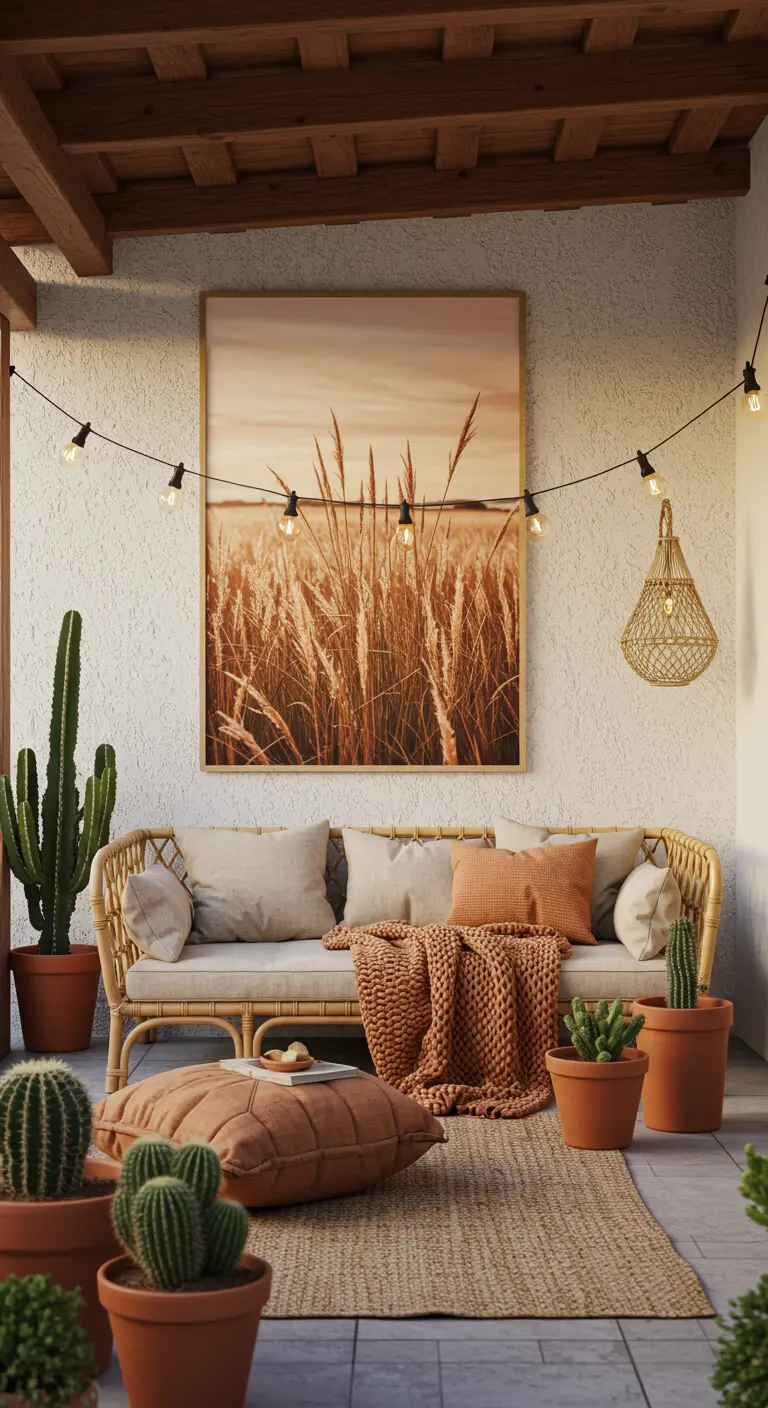 Bohemian balkon met rotan bank, cactussen en een poster van een goudkleurig graanveld.