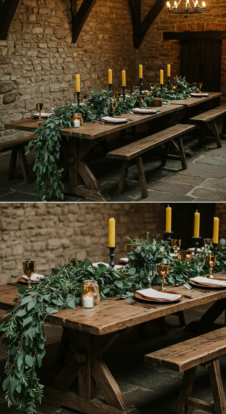 Rustieke houten tafel in een stenen ruimte, met een eucalyptus-guirlande en gele kaarsen.