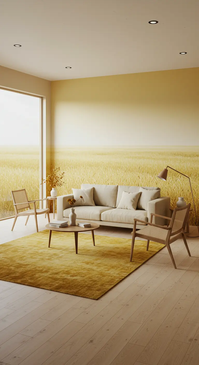 Minimalistische woonkamer met muurschildering van graanveld, neutrale bank, geel tapijt.