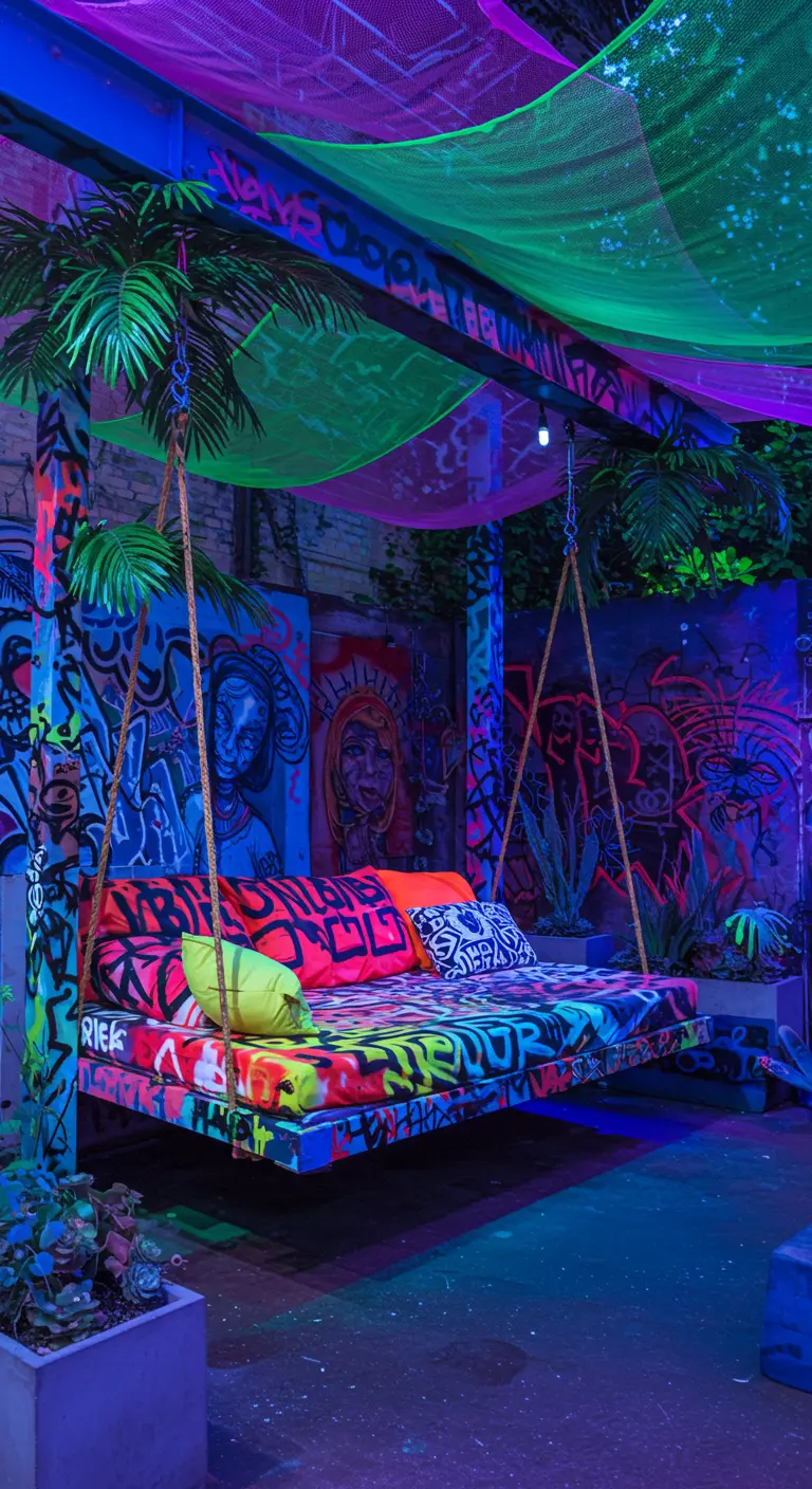 Zwevend bed met graffiti-patroon en neonkleurige kussens, omringd door graffiti-muren en neonverlichting.