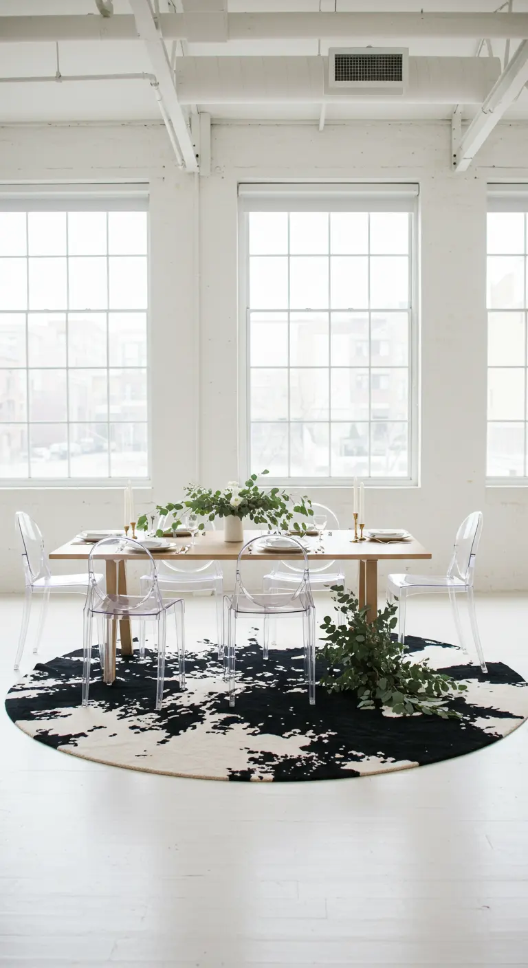 Eetkamer met houten tafel, transparante stoelen en een rond zwart-wit dierenhuidkleed.