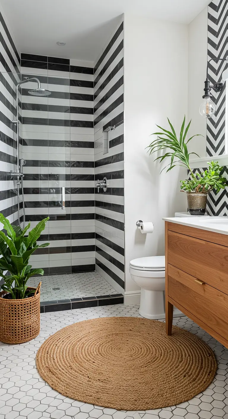 Zwart-wit gestreepte badkamer met houten meubel en een rond jutten kleed.