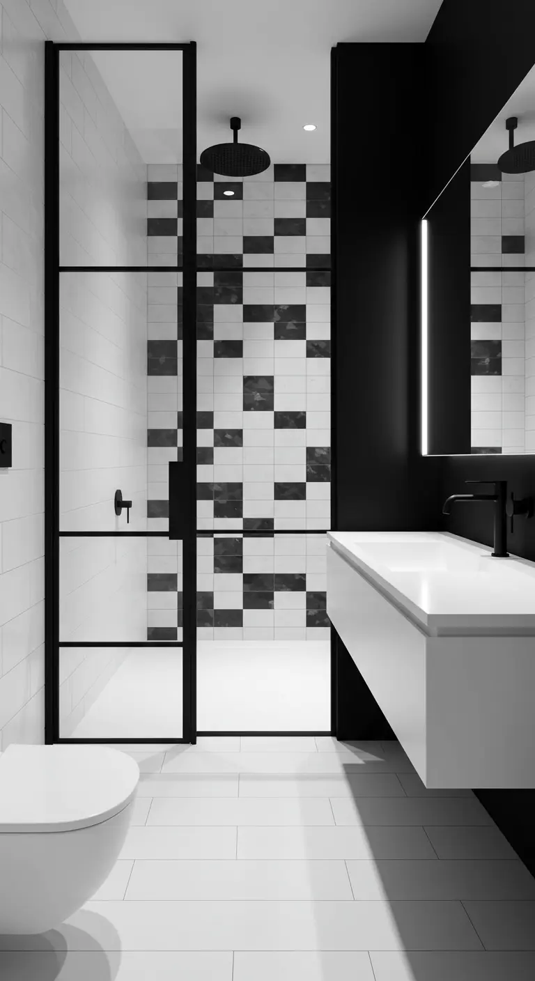 Zwart-witte badkamer met een grafisch tegelpatroon in de douche.