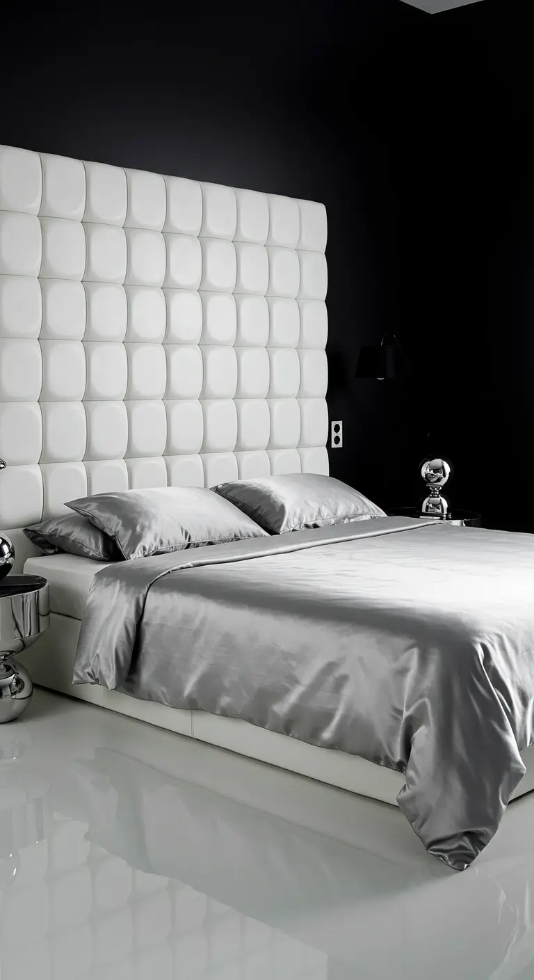 Moderne slaapkamer met een muurhoog, wit gecapitonneerd hoofdbord tegen een zwarte muur en zilvergrijze satijnen lakens.