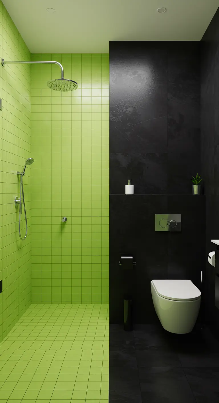 Badkamer met een scherpe scheiding tussen een limegroene douche en zwarte muren.