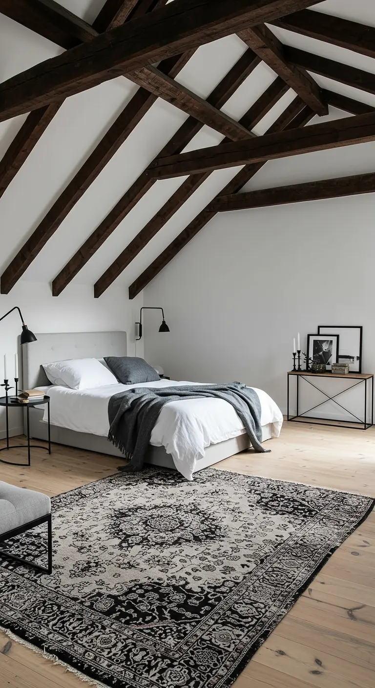 Moderne slaapkamer met een wit schuin dak, donkere houten balken en een groot zwart-wit tapijt.