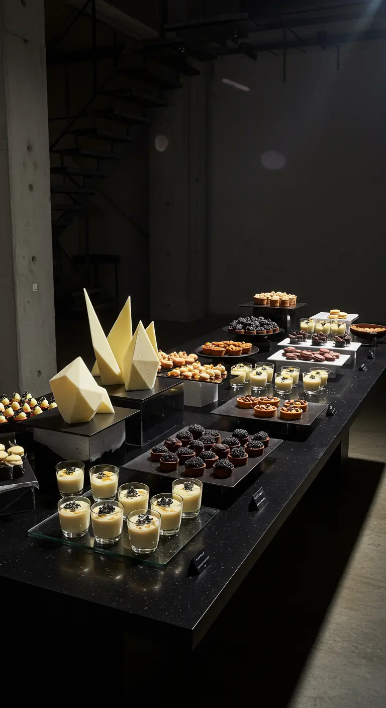 Modern, strak dessertbuffet op een zwarte tafel met witte en donkere hapjes.