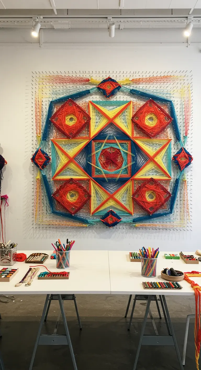Groot, kleurrijk string art kunstwerk met geometrische patronen aan een witte muur.