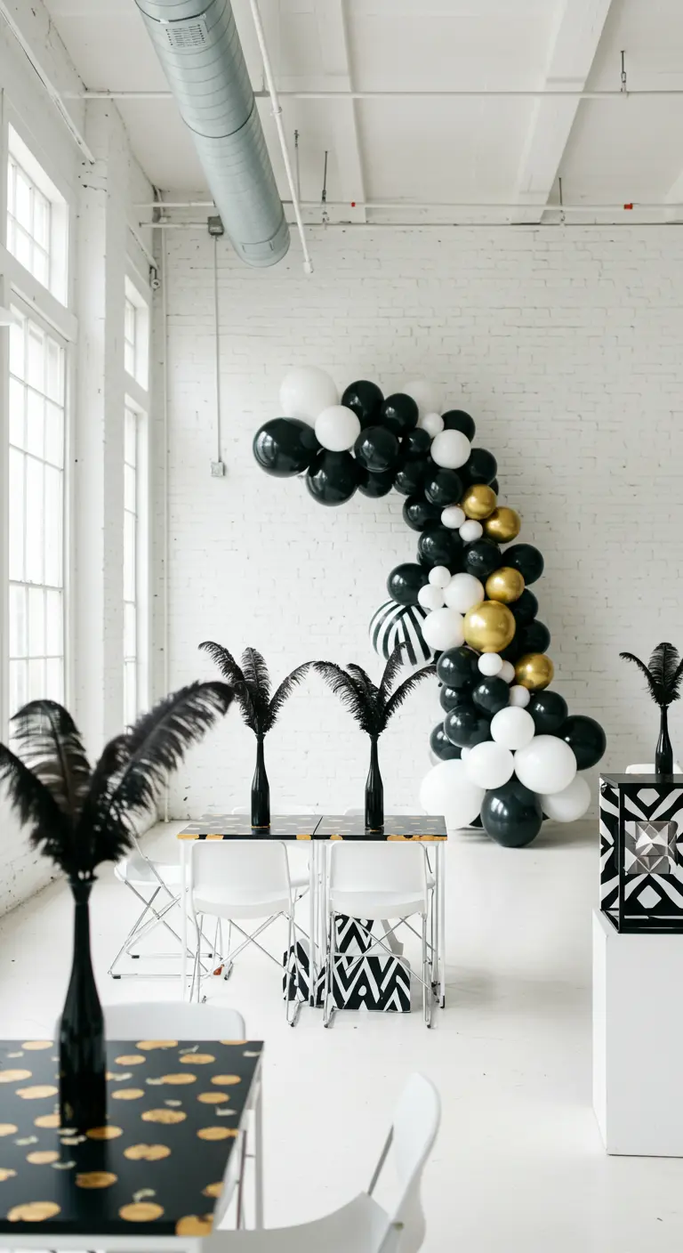 Zwart-wit-gouden ballonslinger en decor met zwarte veren in vazen.
