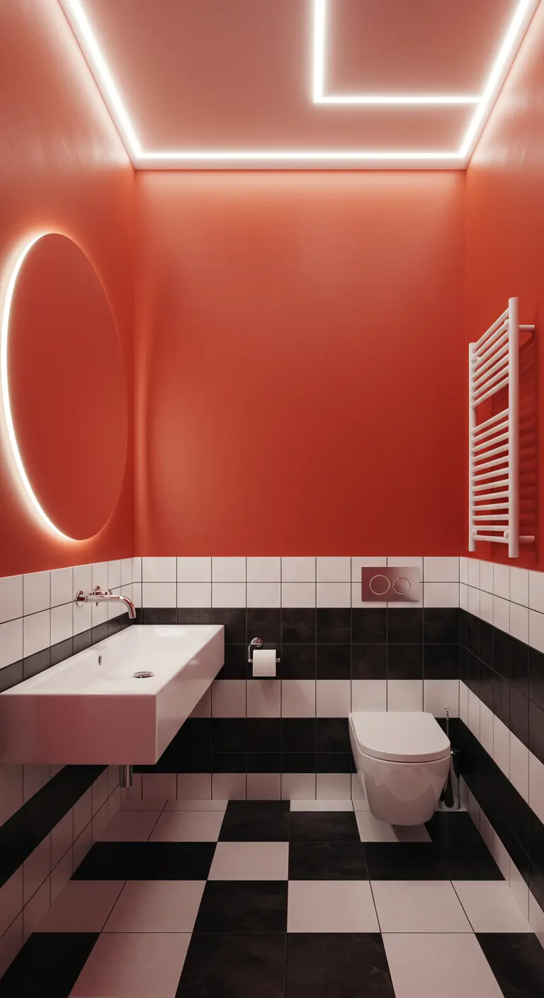 Moderne badkamer met zwart-witte tegels en een felrode muur met ledverlichting.