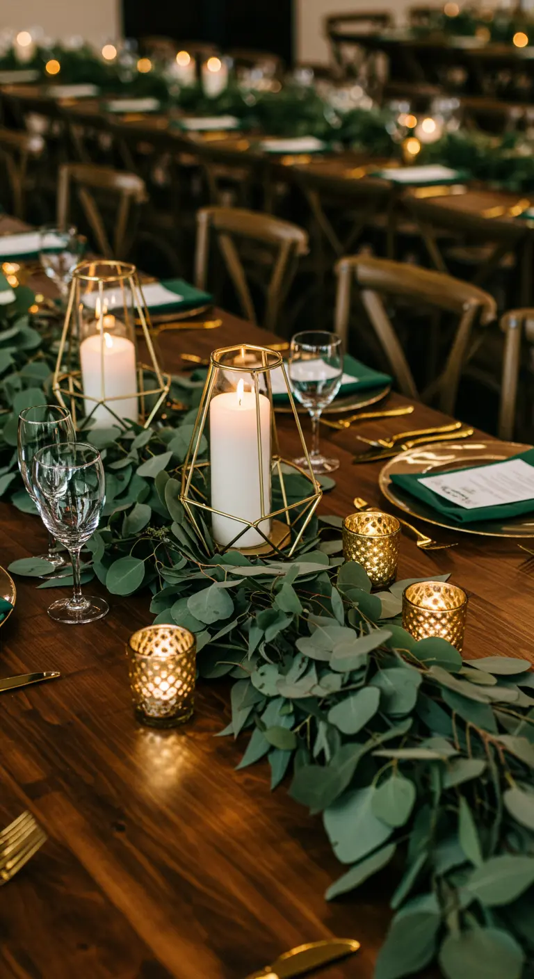 Close-up van een houten tafel met eucalyptus, gouden geometrische lantaarns en kaarsen.