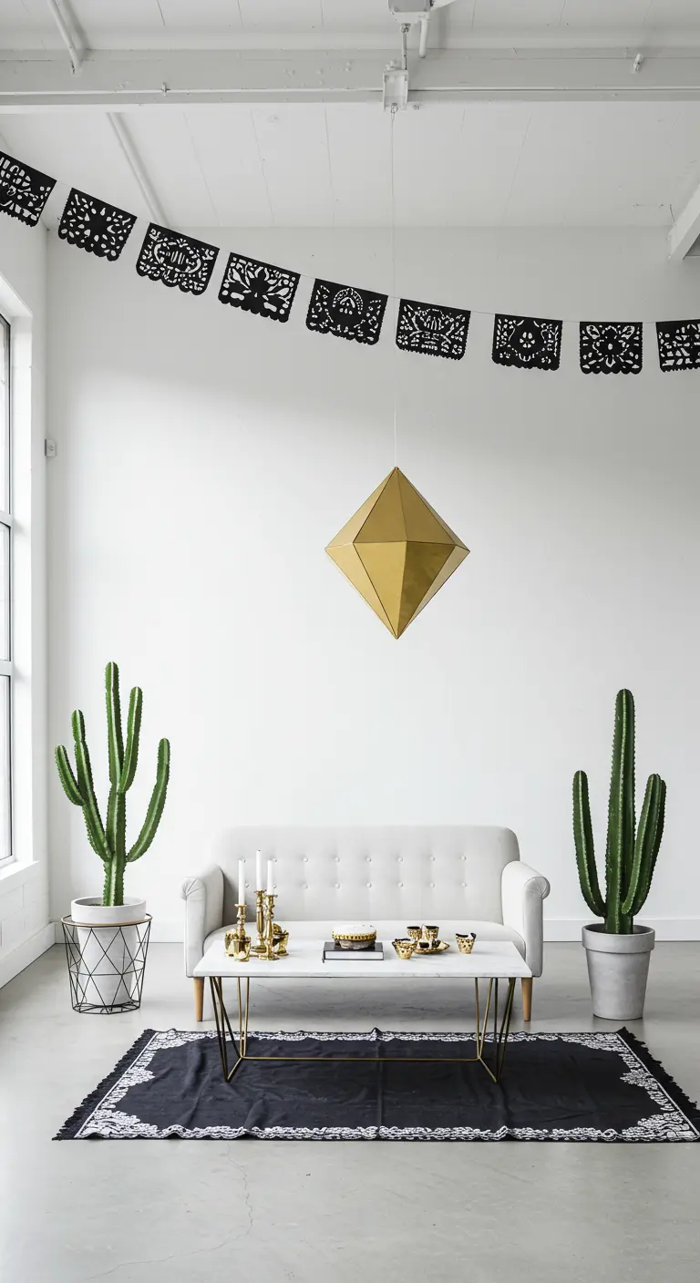 Witte kamer met bank, cactussen en zwarte papel picado.