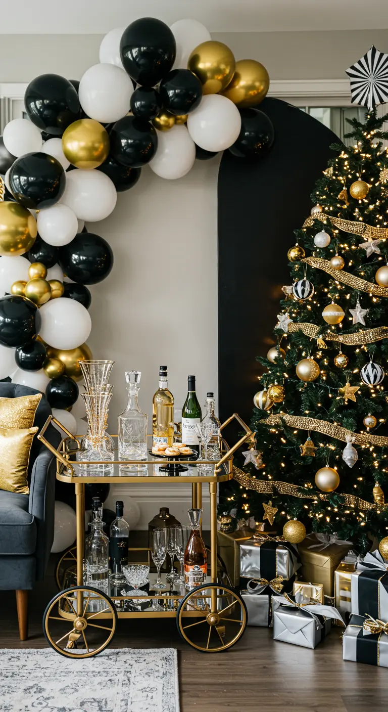 Ballonnenboog in zwart, wit en goud naast een kerstboom en een gouden bar cart.