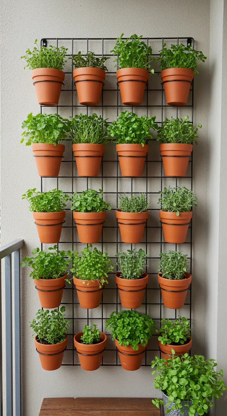 Zwart metalen wandrek met rijen terracotta potjes vol met kleine kruidenplantjes.