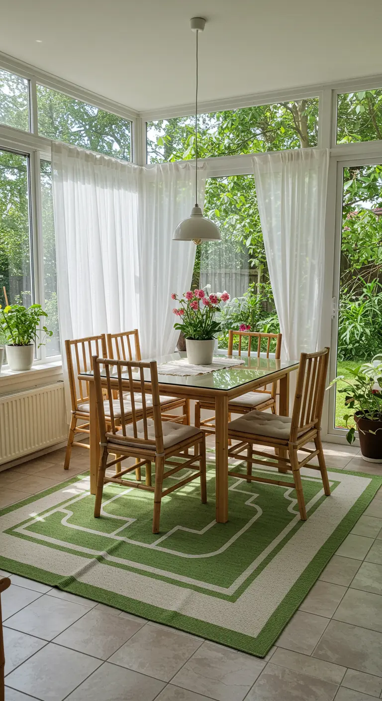 Lichte serre met een glazen dak, houten meubels en een groen-wit grafisch tapijt op de tegelvloer.