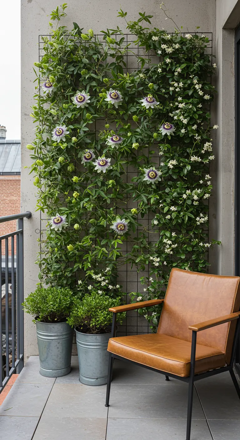 Industrieel balkon met passiebloemen die groeien op een zwart metalen raster.