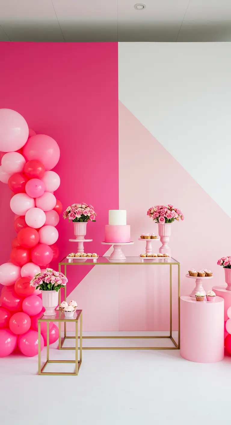 Desserttafel voor een muur met grafische roze en witte kleurvlakken.