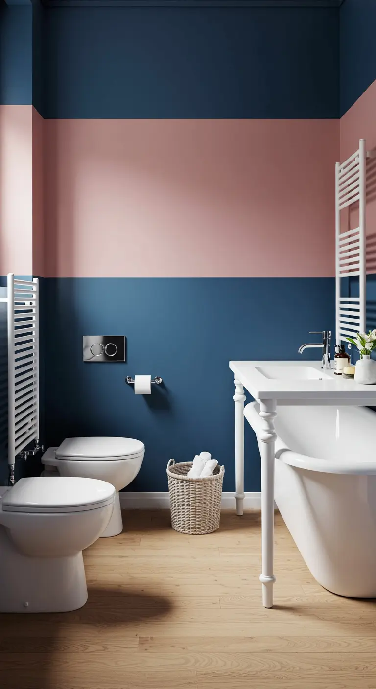 Badkamer met een muur in twee kleurblokken: de onderste helft blauw, de bovenste roze.
