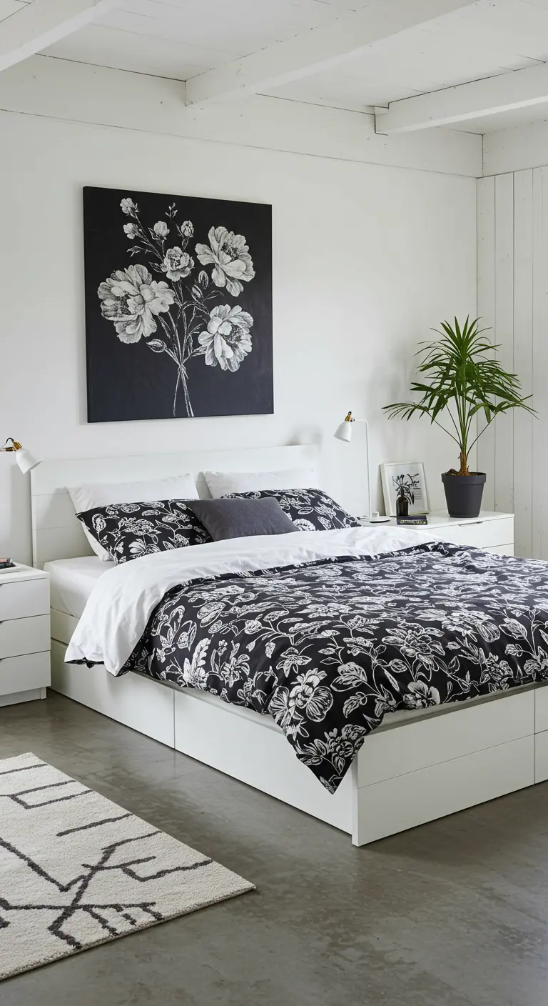 Slaapkamer met zwart-wit bloemen beddengoed, groot zwart-wit bloemenkunstwerk en witte meubels.