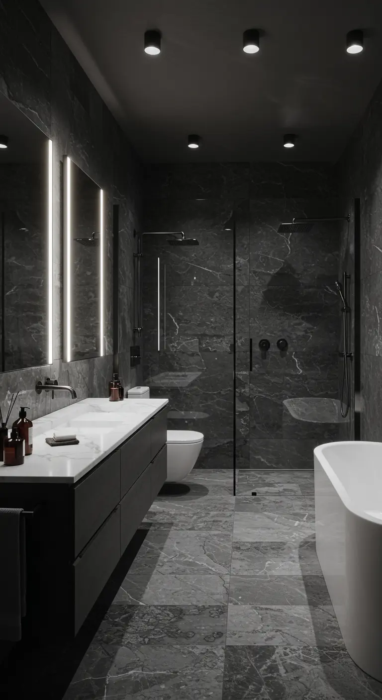 Donkere moderne badkamer met grijs marmer en verticale LED-verlichting naast de spiegel.