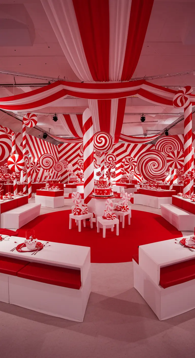 Feestruimte volledig ingericht met rood-witte strepen en lolly's.