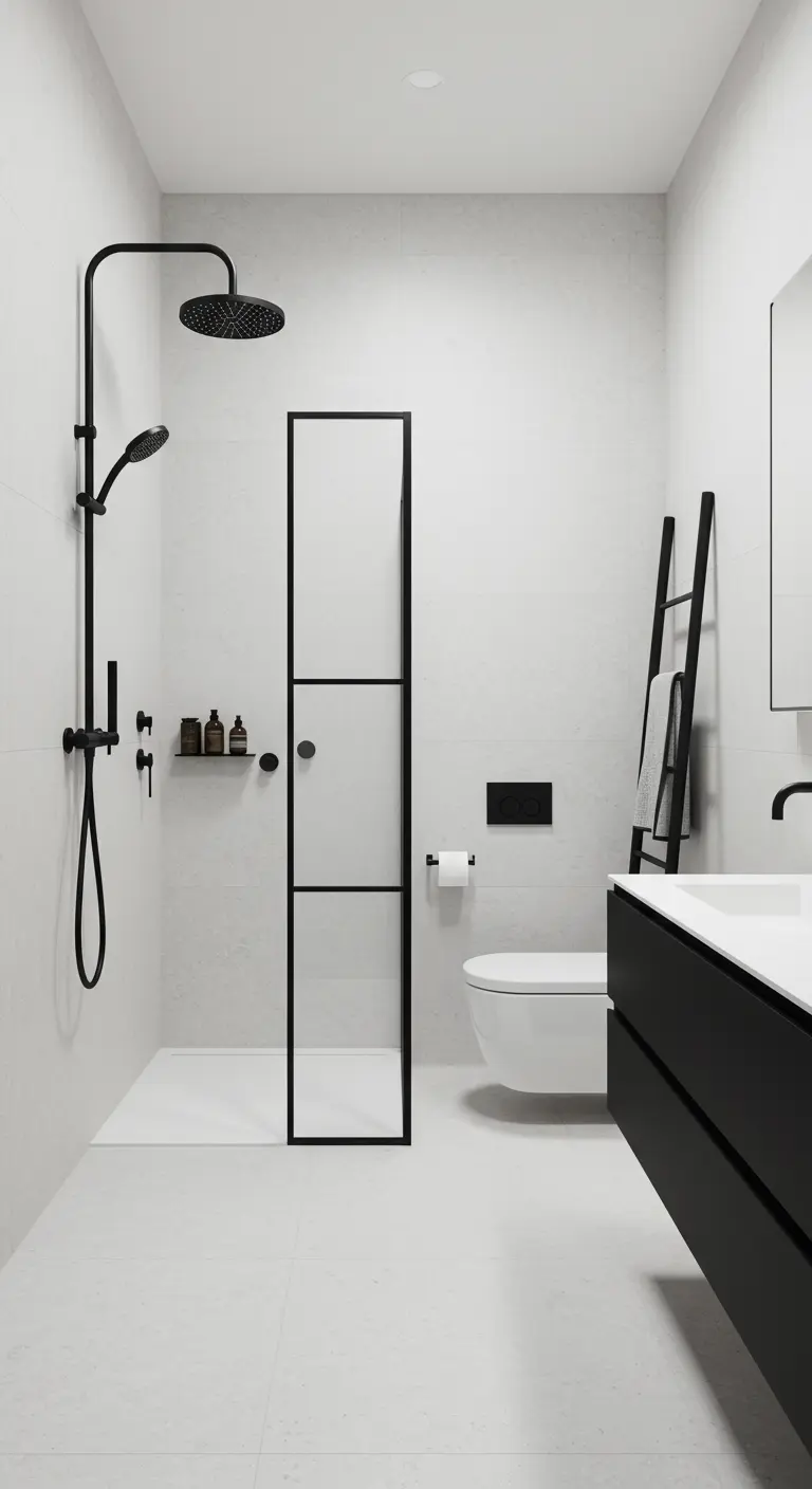 Witte badkamer met een zwarte douchewand, zwarte kranen en een zwarte handdoekladder.