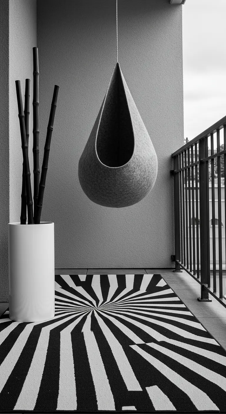 Minimalistisch balkon met een grijze vilten hangstoel en een zwart-wit grafisch kleed.