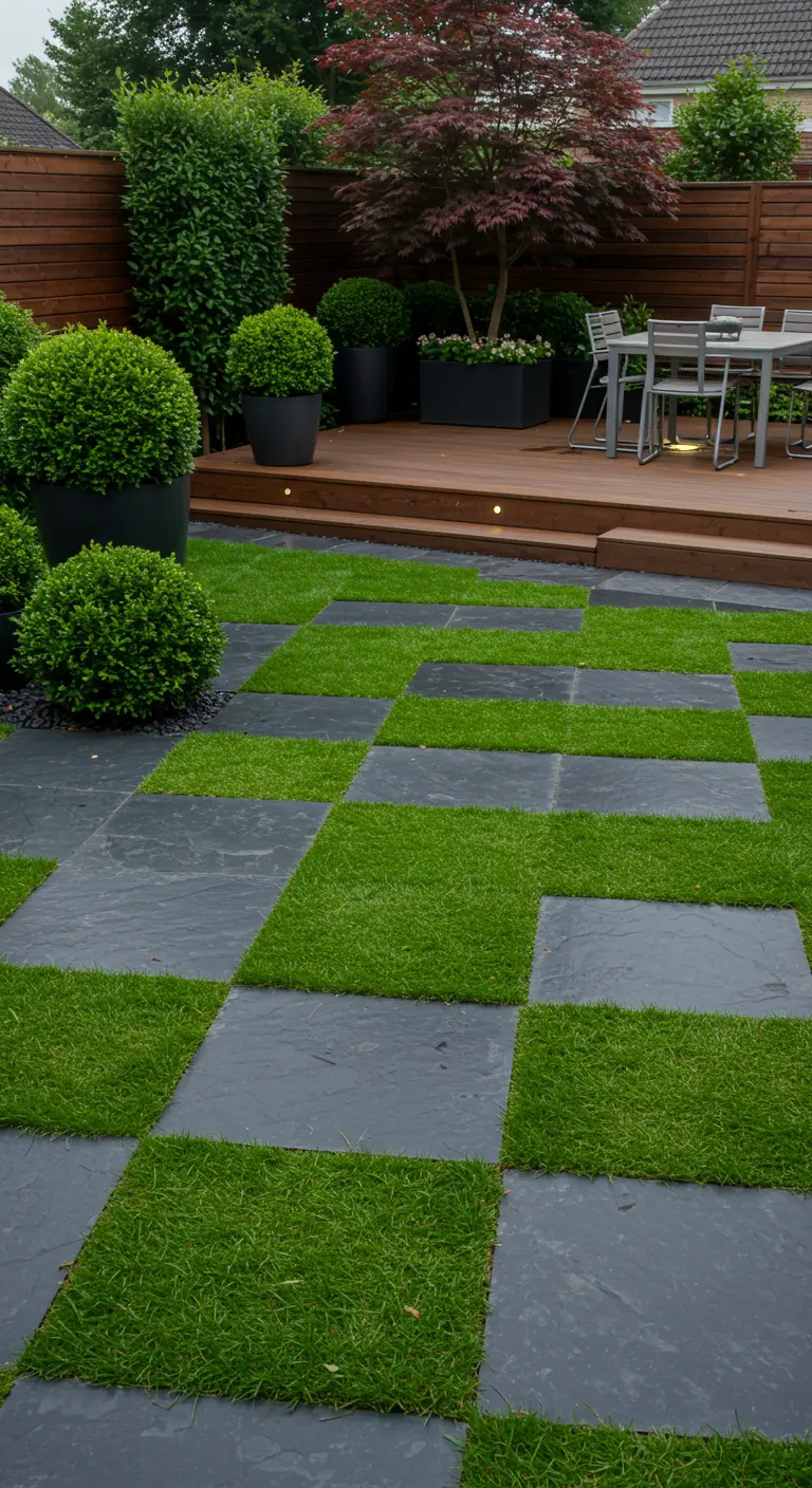 Modern dambordpatroon van vierkante, donkere tegels en stukken gras in een strakke tuin.