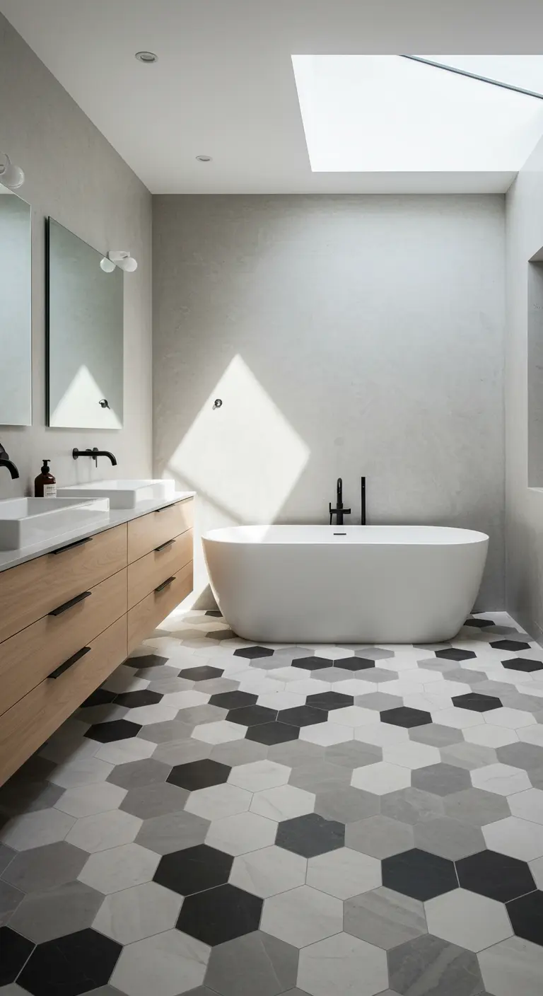 Badkamer met grijze en zwarte hexagon vloertegels, houten meubel en een vrijstaand bad.