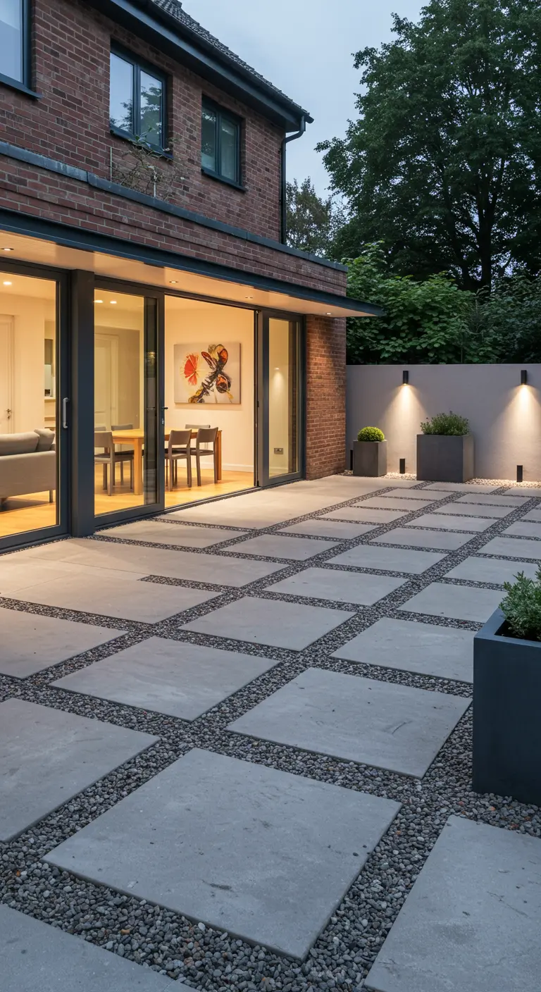 Modern terras met een raster van grote vierkante tegels en donker grind ertussen.