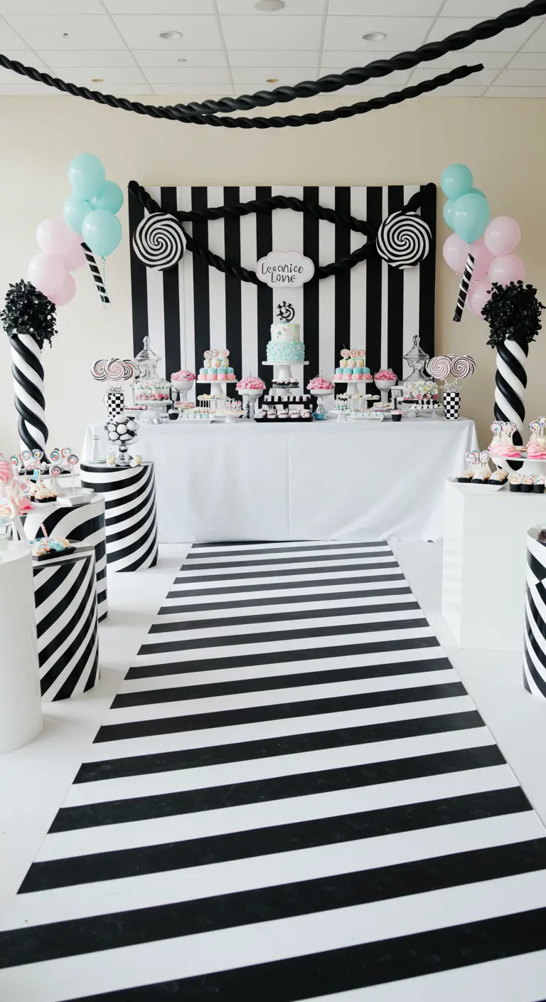 Zwart-wit gestreepte feestdecoratie met pastelkleurige accenten.