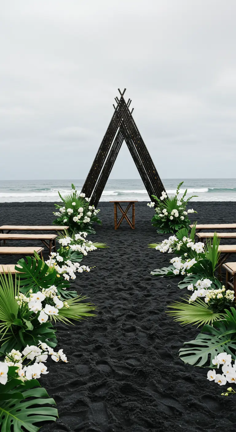 Driehoekige trouwboog van donker bamboe op een zwart zandstrand, met witte orchideeën.