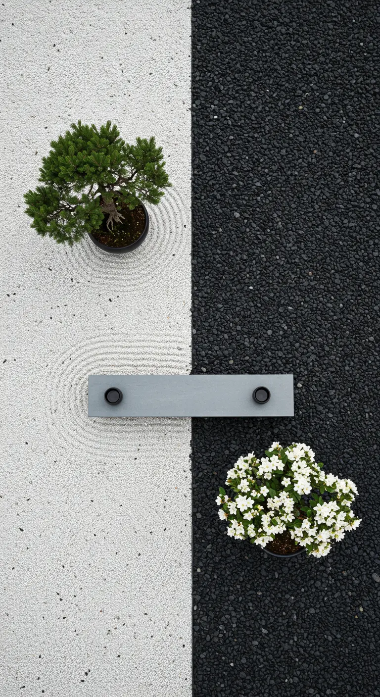 Grafische tuin van bovenaf met zwart en wit grind, een bonsai en een witte plant.