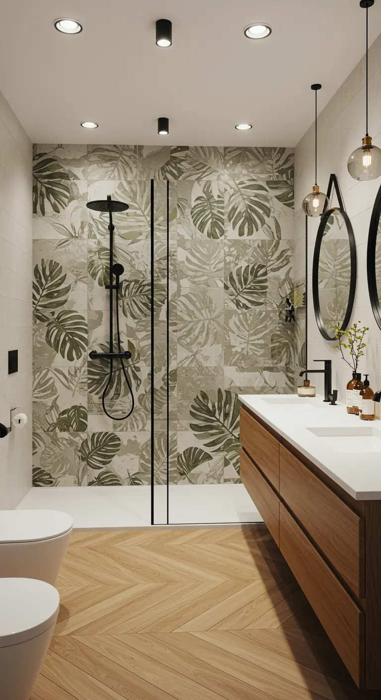 Moderne badkamer met een accentwand van tegels met groen bladpatroon en een houten visgraatvloer.