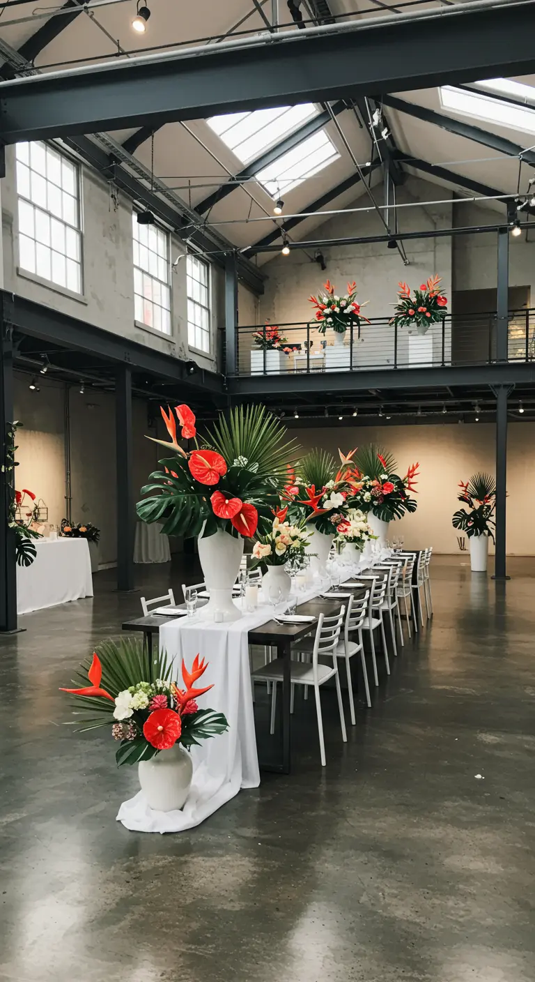 Rode anthuriums en groene Monstera-bladeren in hoge witte vazen in industriële ruimte.