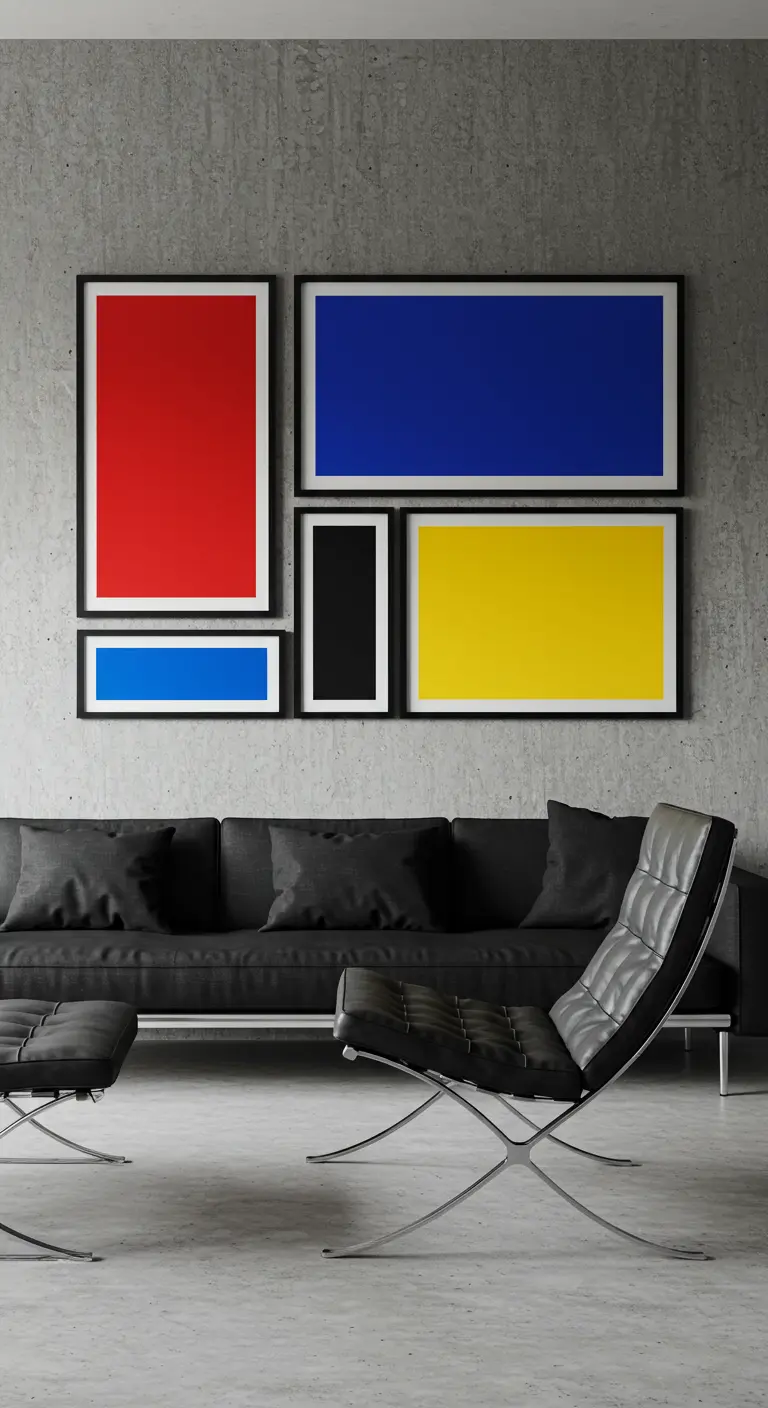 Moderne galerijmuur met primaire kleurvlakken in de stijl van Mondriaan tegen een betonnen muur.