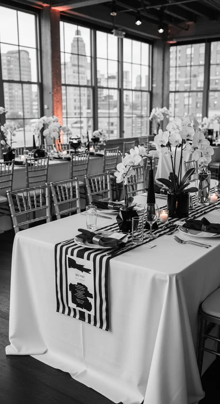 Black and white wedding table with striped runner, black napkins, white orchids, and ghost chairs.