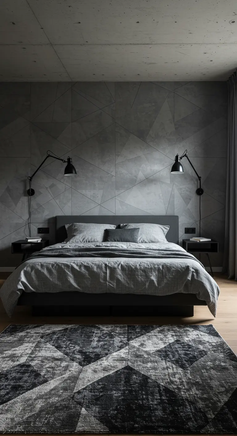 Slaapkamer met een grijze muur met een abstract geometrisch patroon en een bijpassend vloerkleed.