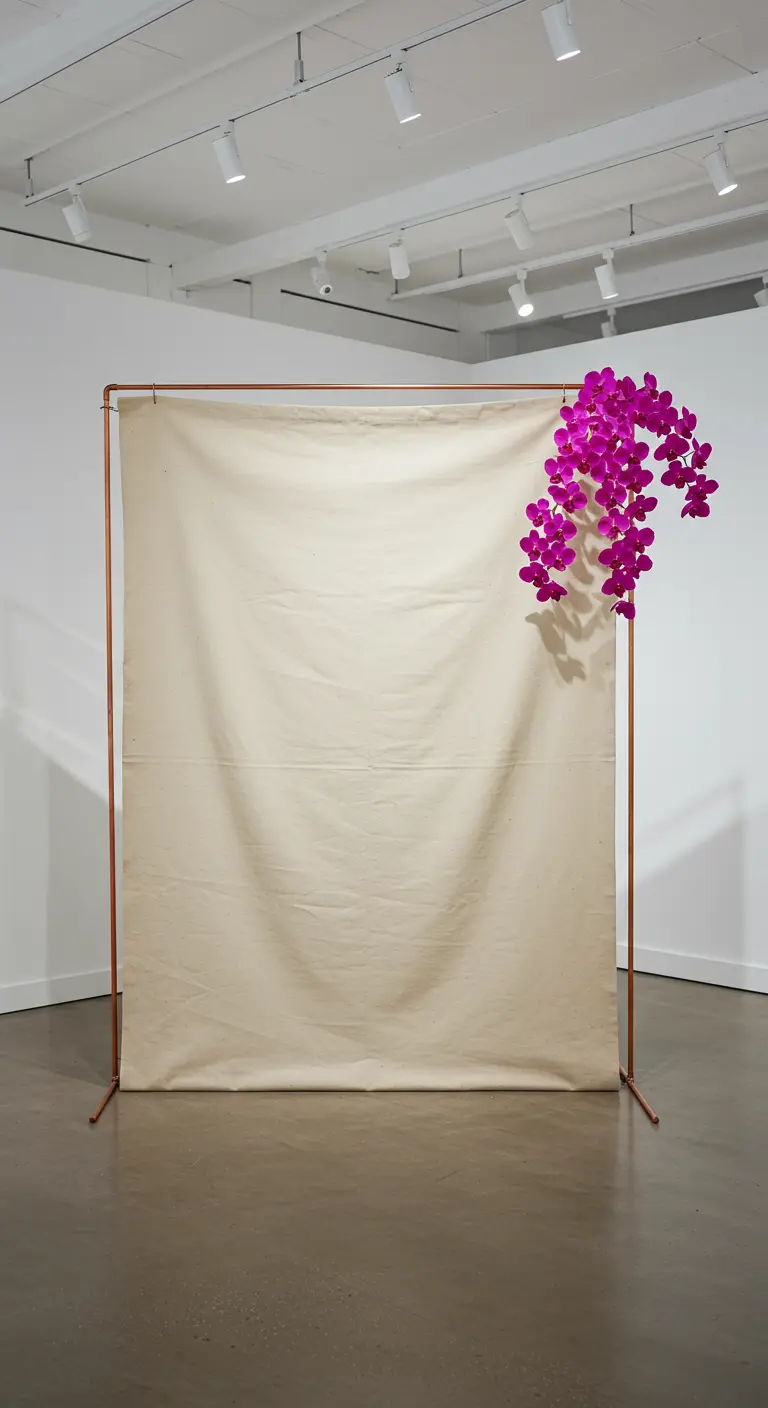 Simpel canvas op een koperen frame met één felle orchideeëntak.