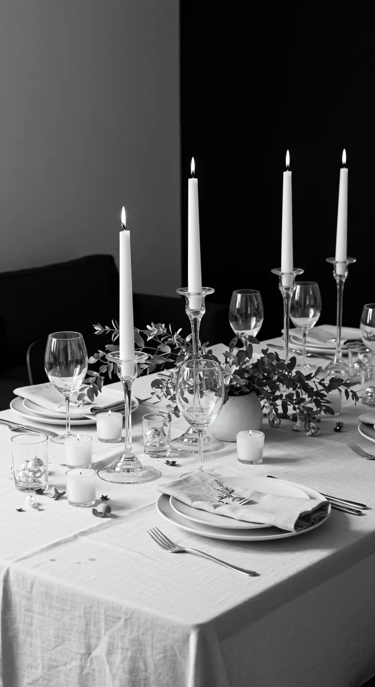 Zwart-wit gedekte eettafel met hoge witte kaarsen en eucalyptus.