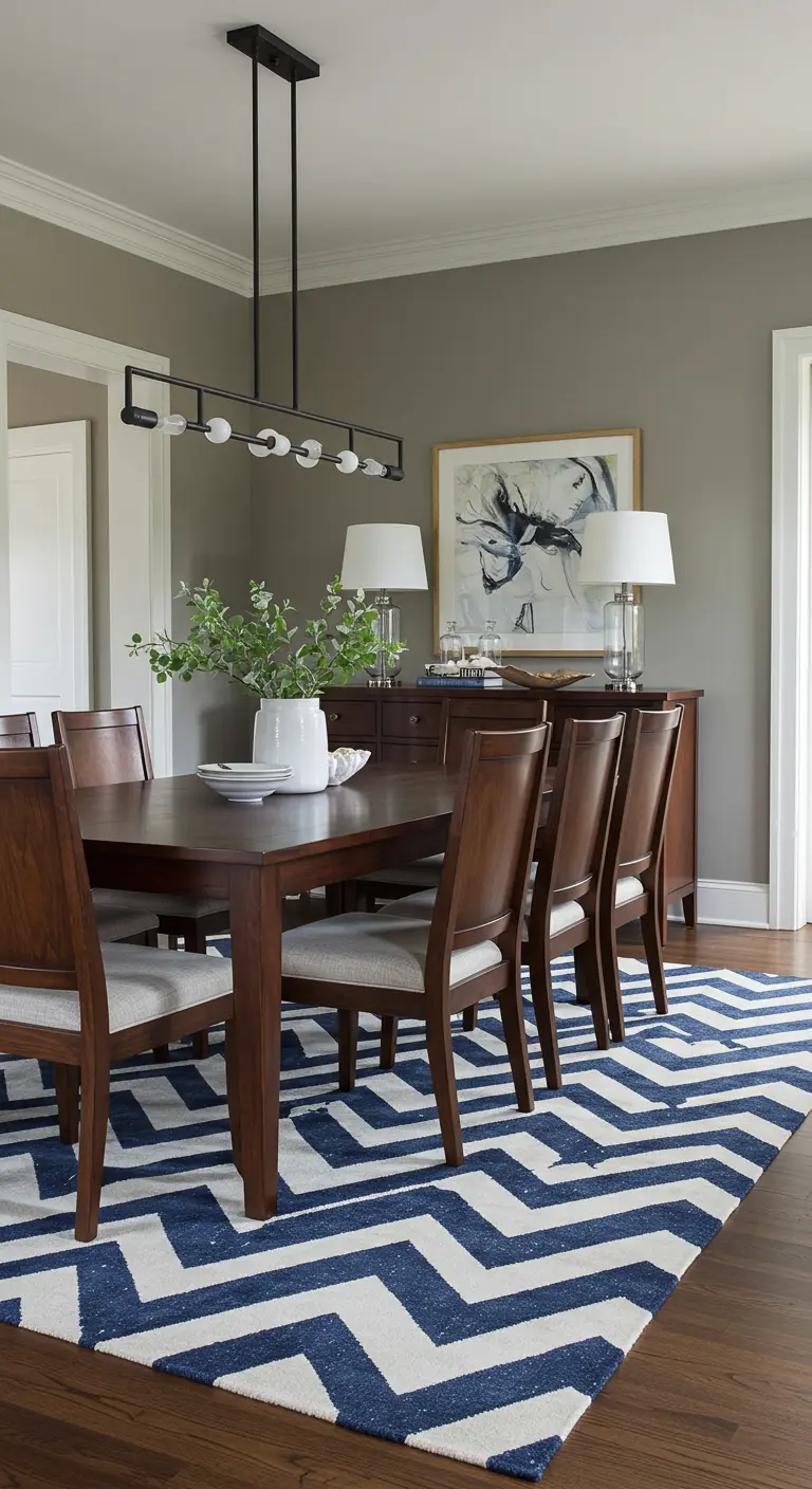 Eetkamer met donker houten meubels en een groot tapijt met een blauw-wit chevronpatroon.
