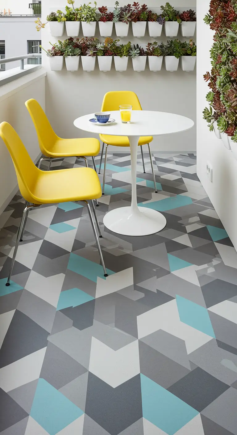 Modern balkon met een grijs-turquoise geometrische vloer, witte tafel en gele stoelen.
