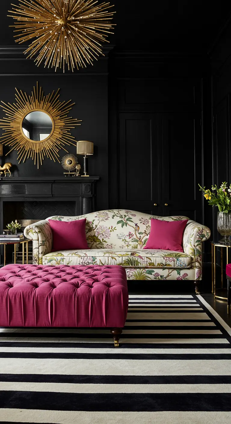 Dramatische woonkamer met zwart-witte strepen, een bloemenbank en een roze poef.