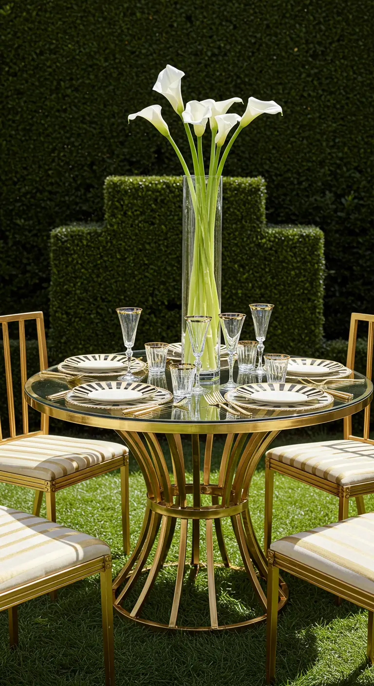 Ronde glazen tafel met goudkleurig frame en stoelen, met calla's in een vaas.