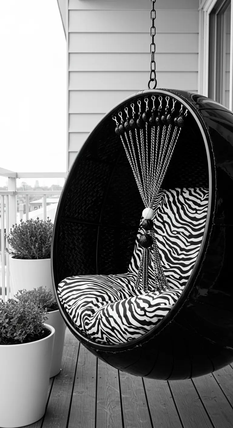 Zwarte bolvormige hangstoel met zebraprint kussen en zilveren kralenkettingen.