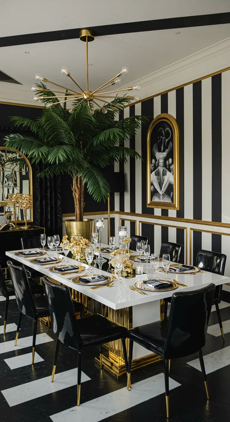 Eetkamer met zwart-wit gestreepte muren, een witte tafel en gouden accenten.
