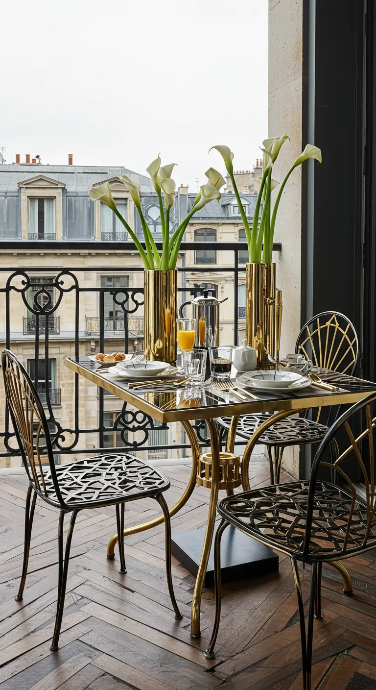 Gouden tafel met zwarte metalen stoelen met grafisch patroon op een chic stadsbalkon.